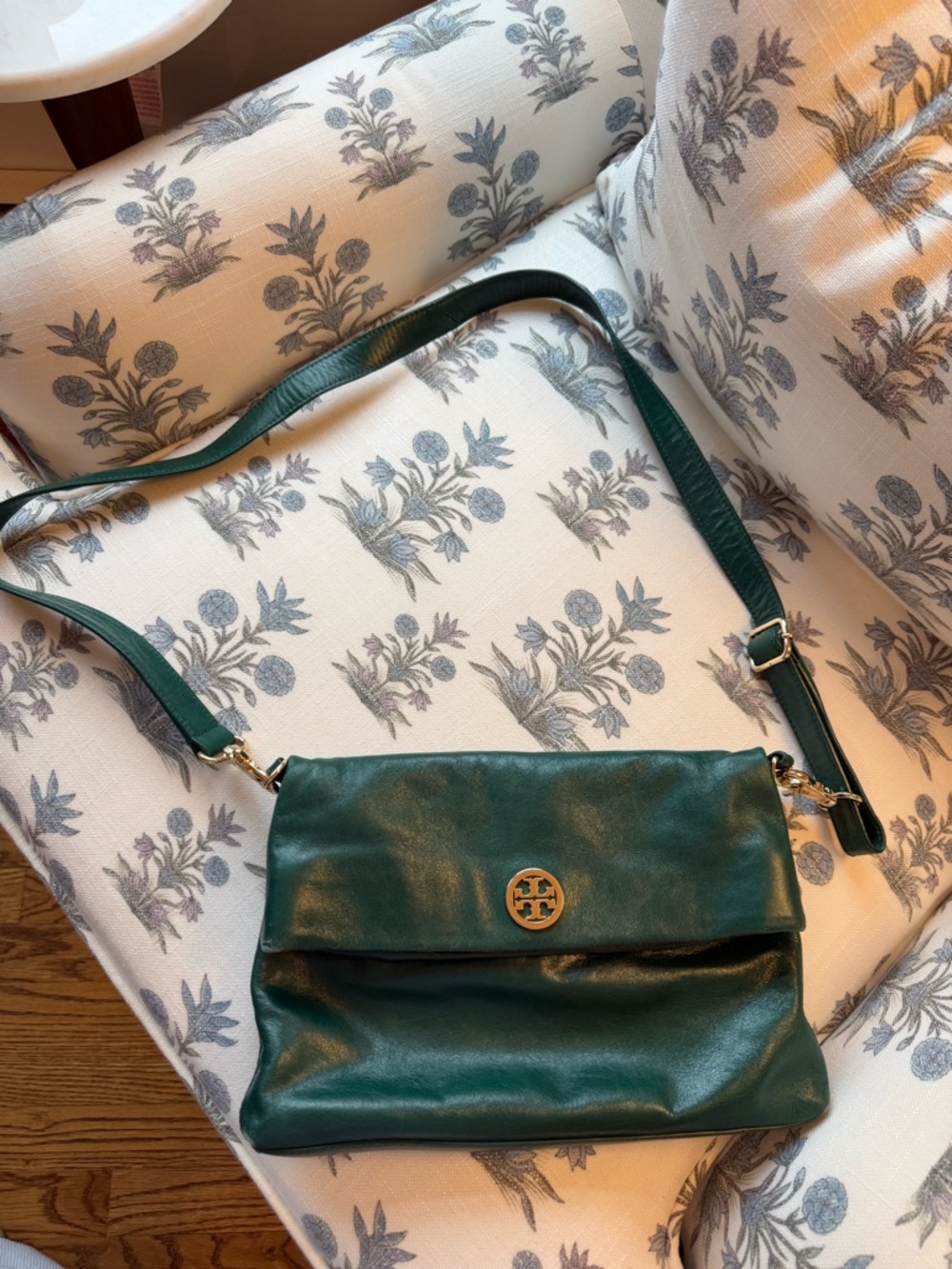 Tory Burch Green Leather Fold-Over Crossbody with Gold Logo